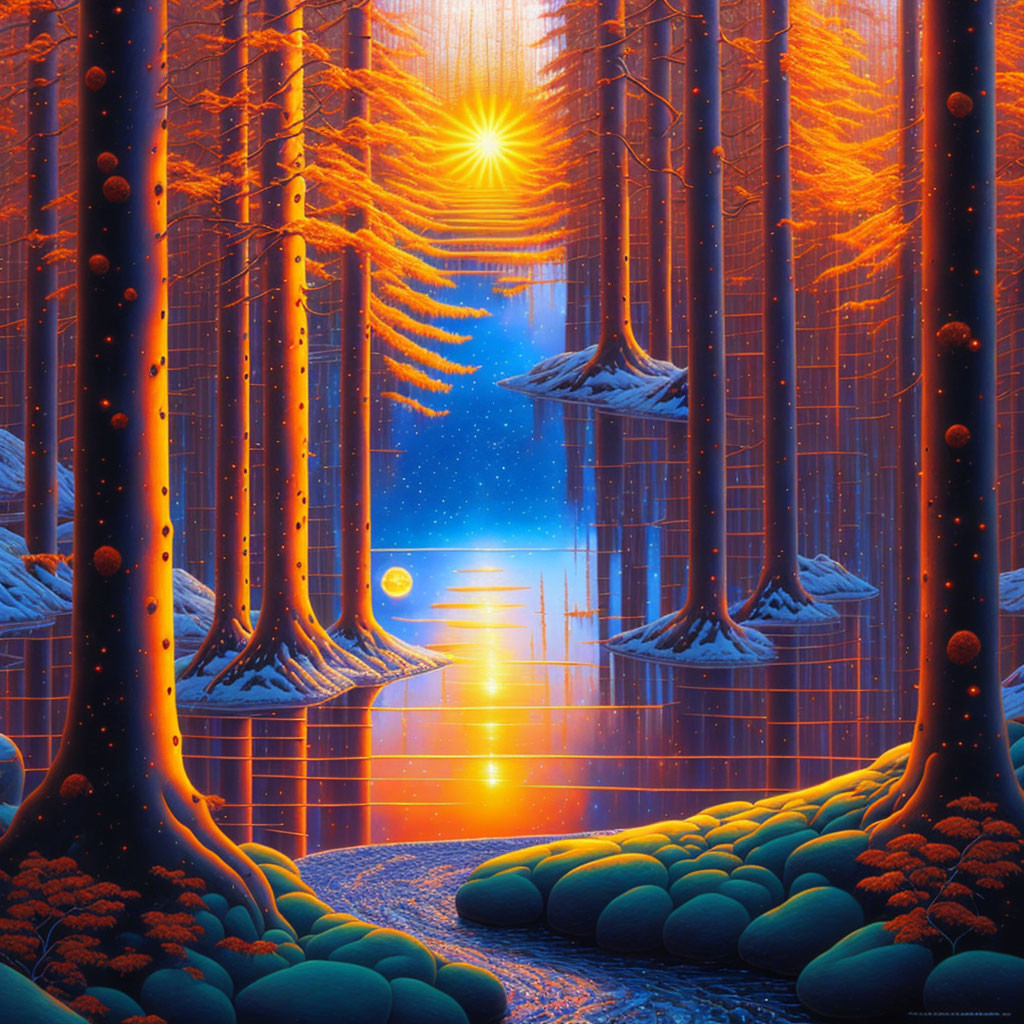 Illustration of mystical forest with red trees, blue river, snow, and radiant sky