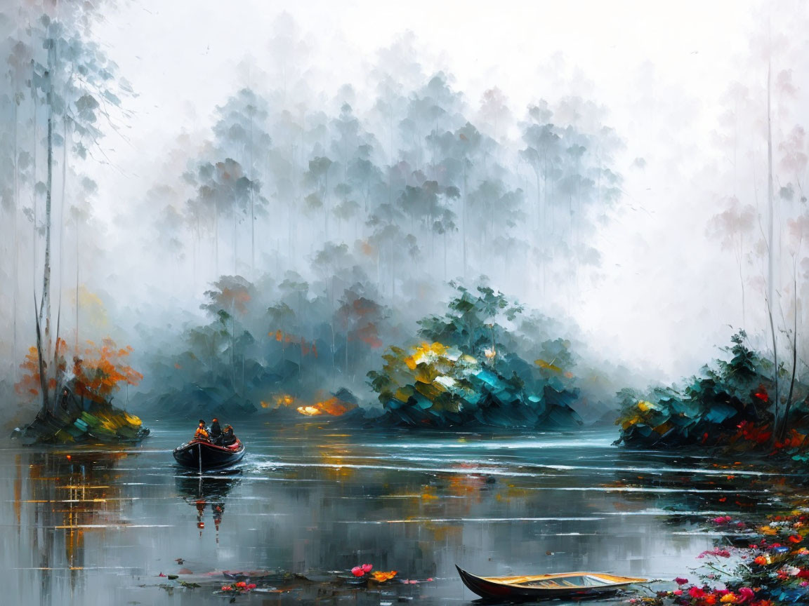 Tranquil river scene with mist, trees, colorful foliage, and boats