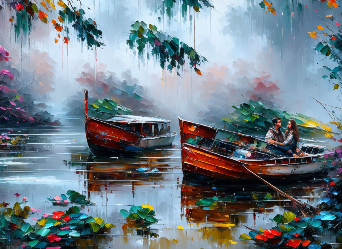 Impressionist painting of two people on boat in colorful setting