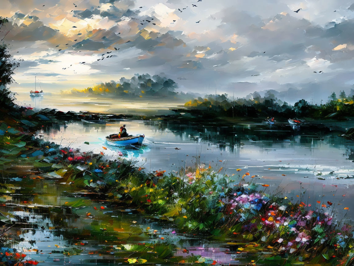 Tranquil river scene at dusk with rowboat, lush foliage, and colorful flowers