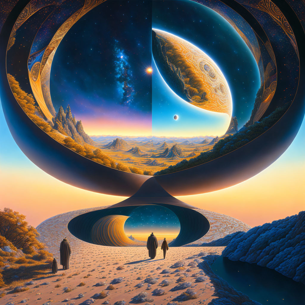 Surreal artwork featuring two figures and a cosmic hourglass in a desert landscape with a starry