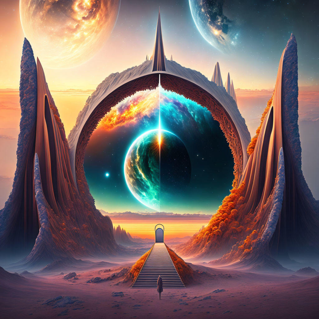 Split scene of surreal landscape with contrasting worlds, towering cliffs, and cosmic sky.