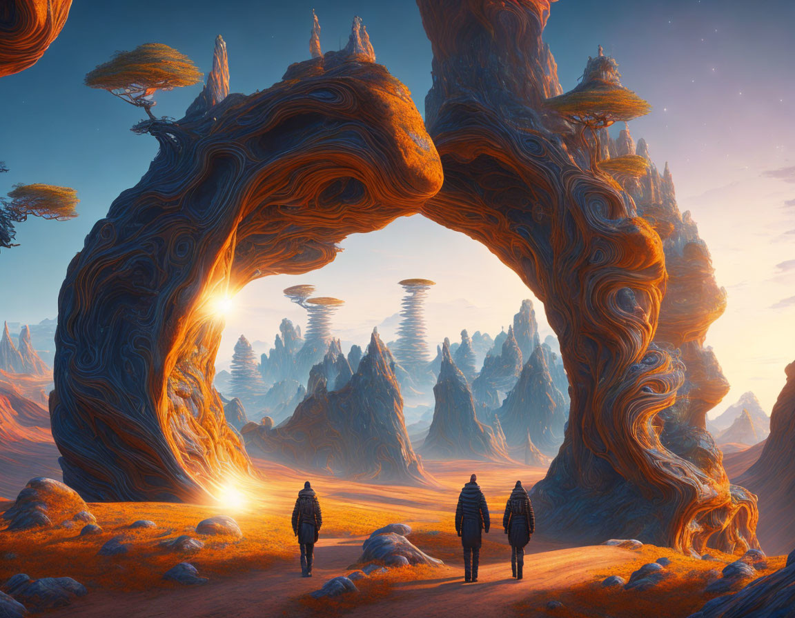 Alien planet landscape with massive stone arch and figures
