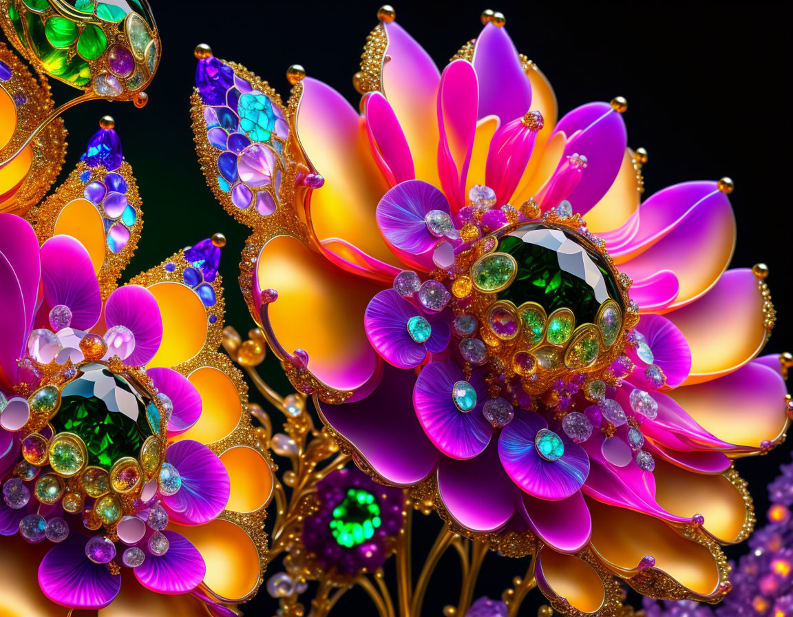 Colorful digital artwork of jewel-encrusted flowers with iridescent petals in purple and orange