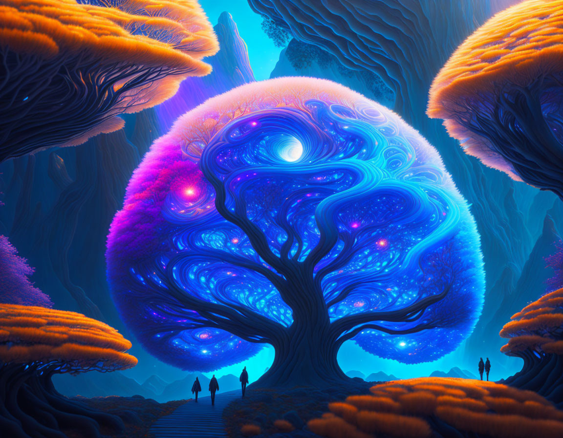 Colorful digital artwork featuring mystical glowing tree, orange mushroom-like trees, and silhouetted figures