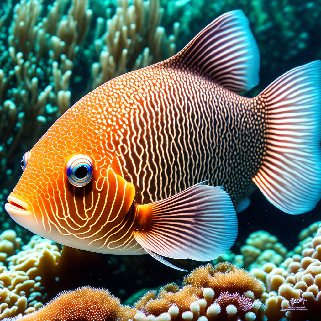Colorful Orange and White Marine Fish Swimming Near Coral in Clear Blue Water
