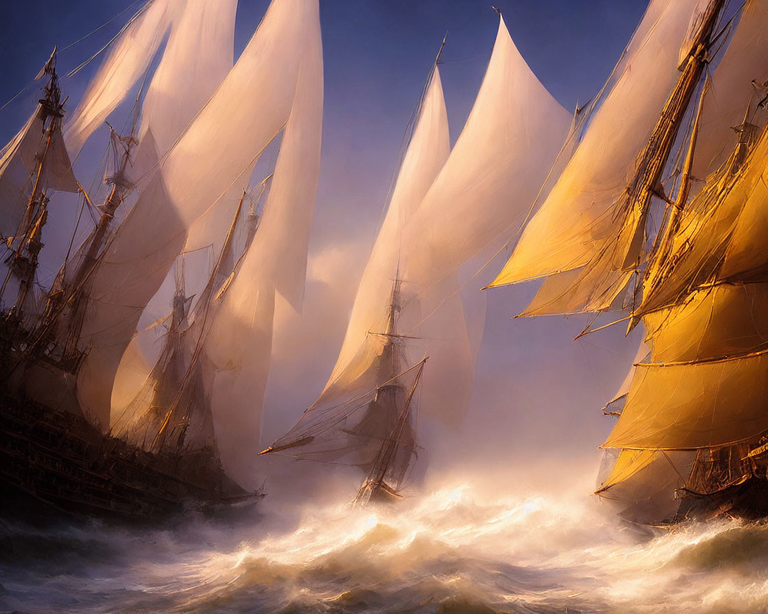 Tall ships with billowing sails on tumultuous seas