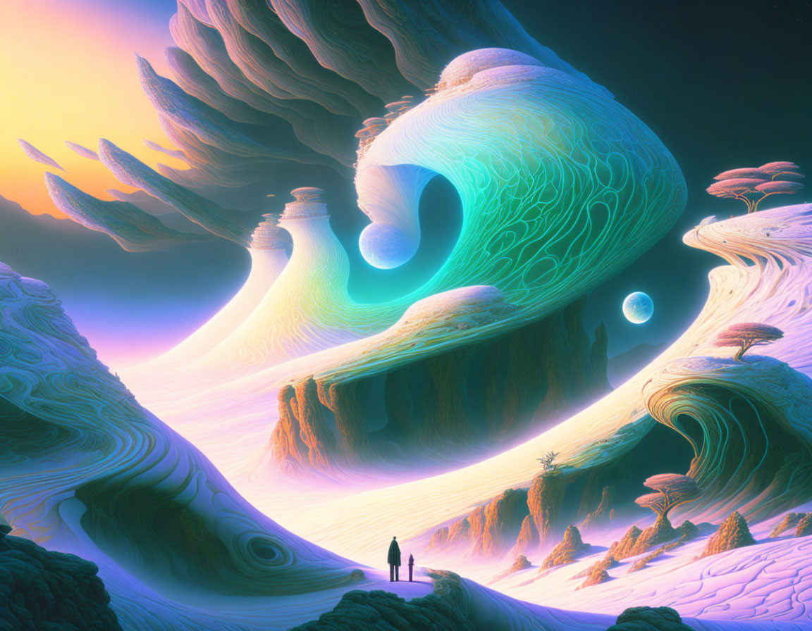 Vibrant surreal landscape with swirling patterns and fantastical structures