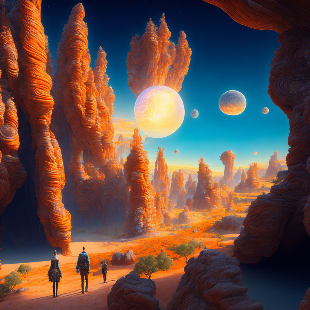 Sci-fi landscape with towering rock formations and three people gazing at a multi-planet sky
