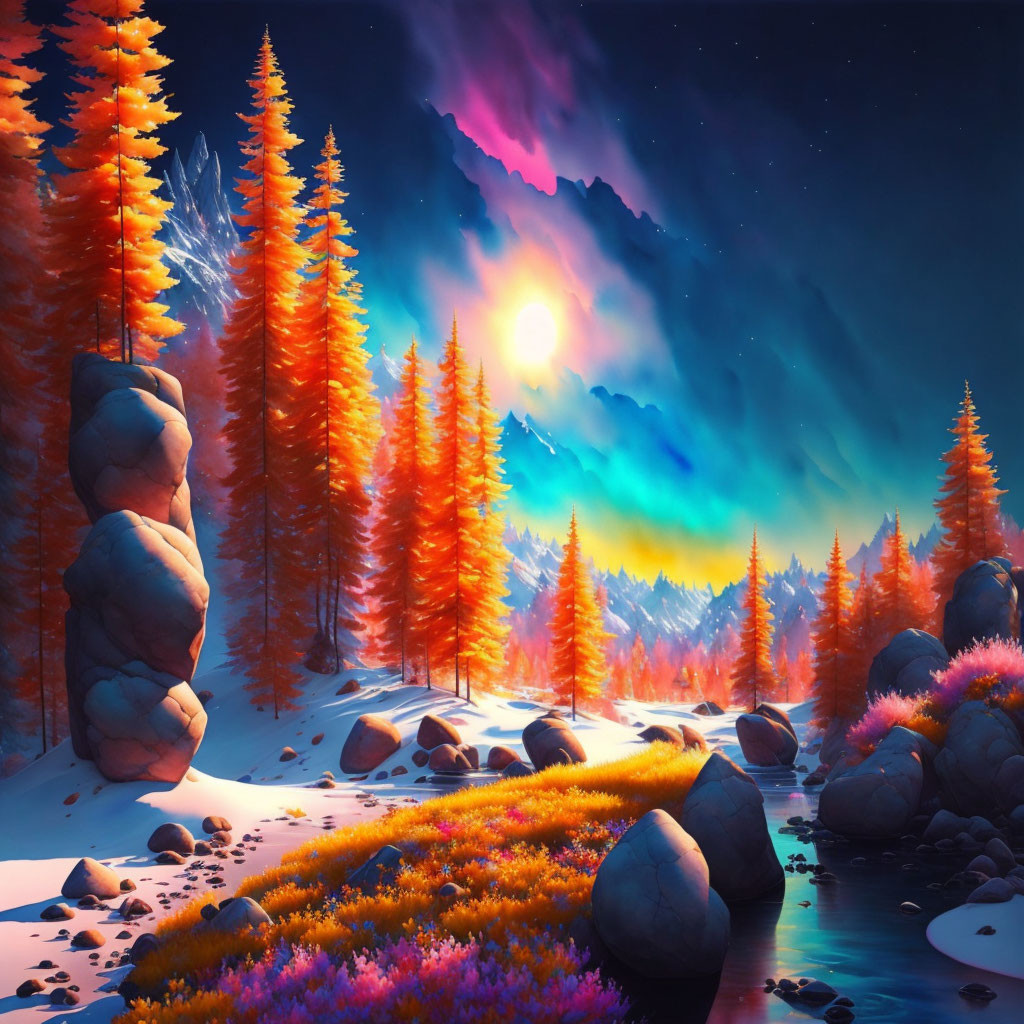 Fantastical autumn forest with vibrant trees and glowing sunset