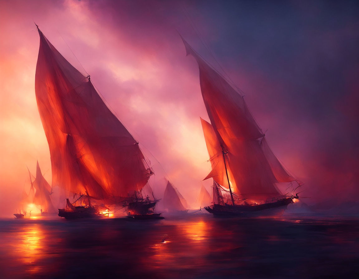 Glowing lights on sailing ships in misty crimson sea