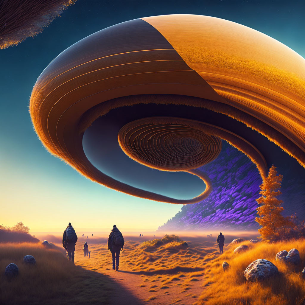 Alien planet with giant swirling rings in sky