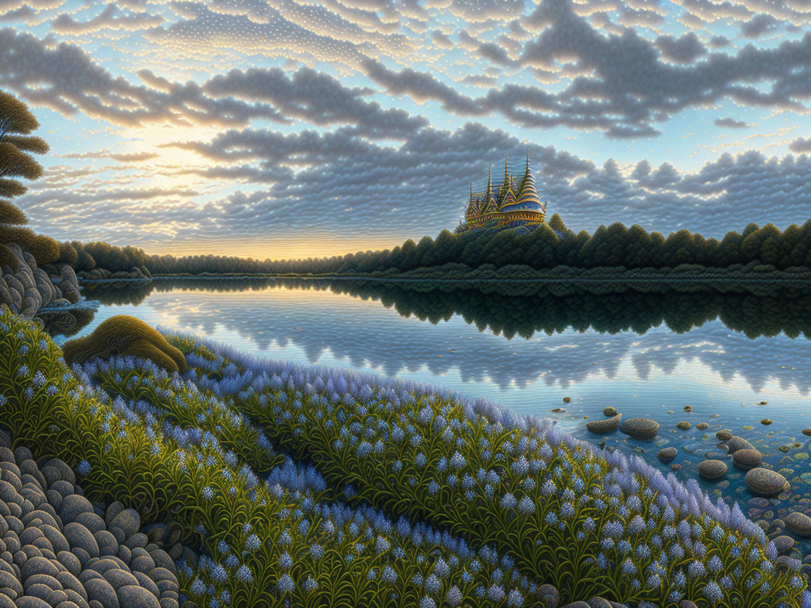 Tranquil landscape with reflective lake, greenery, lavender flowers, and distant castle