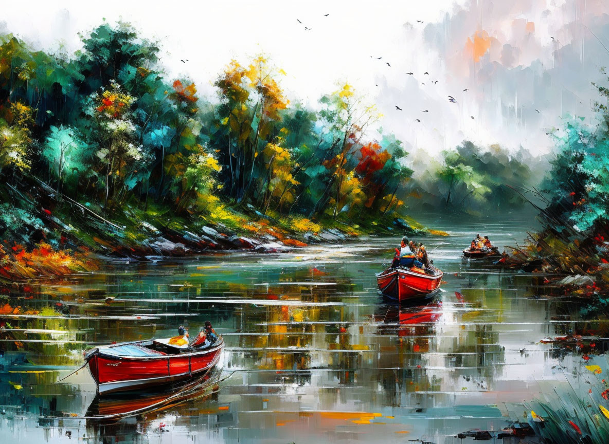 Scenic painting of people rowing boats in autumnal river
