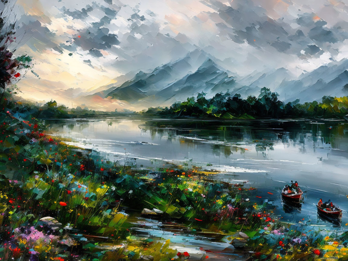 Scenic river painting with boats, mountains, and sunset sky