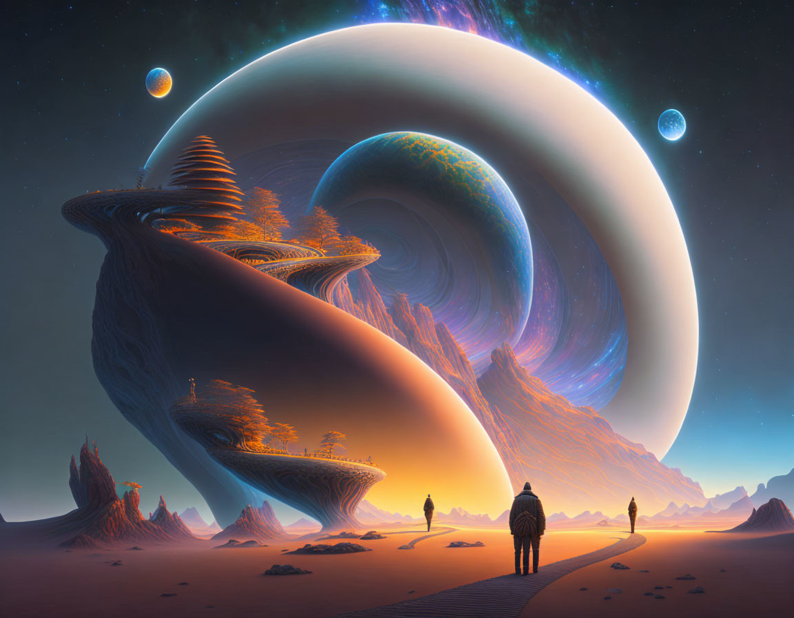 Futuristic landscape with giant ringed planets and alien terrain