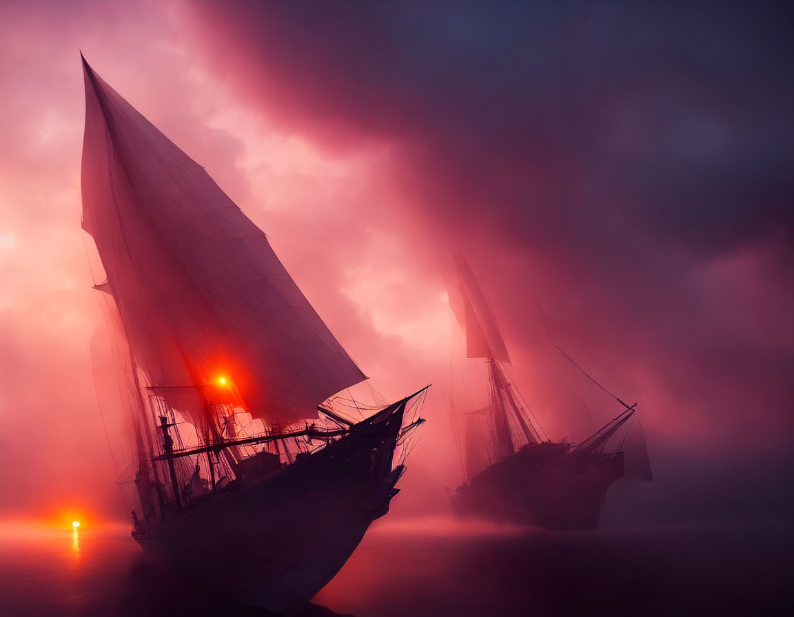 Glowing lanterns on sailing ships in mystical fog at twilight