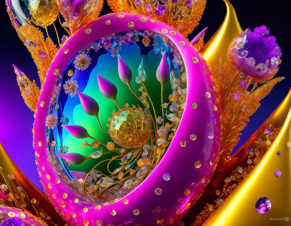 Colorful digital artwork: Luminous purple ring with golden and crystal details surrounded by organic shapes and