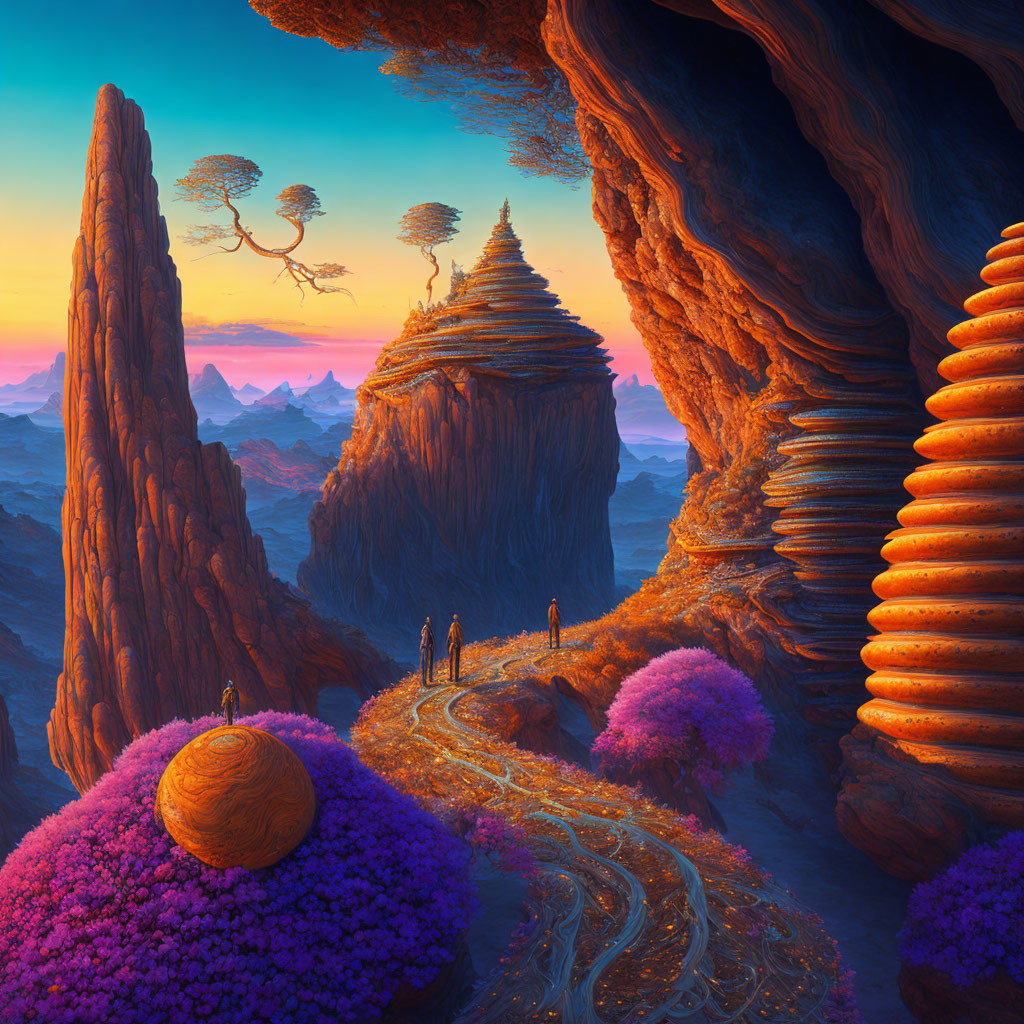 Fantastical landscape with towering rock formations and surreal sunset.