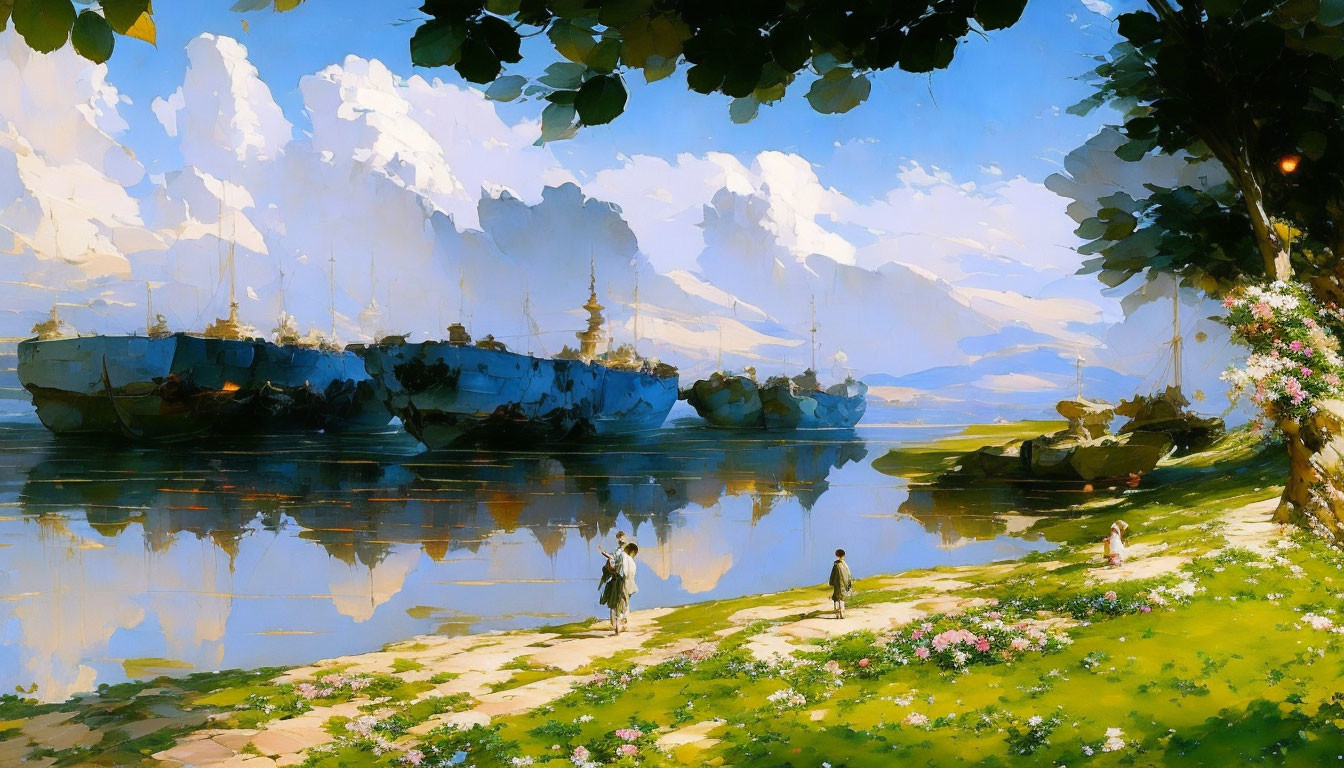 Tranquil riverside landscape with walking figures, flowers, and ships