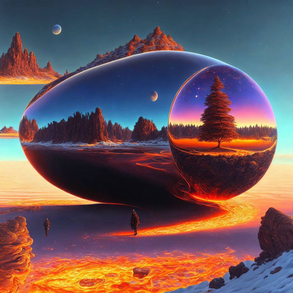 Surreal landscape with figures near lava stream and reflective forest orbs