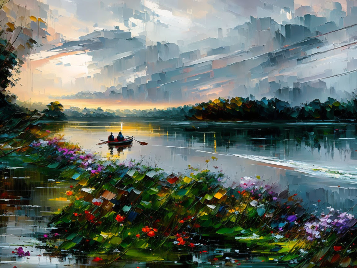 Impressionist painting: Two people rowing boat on serene river