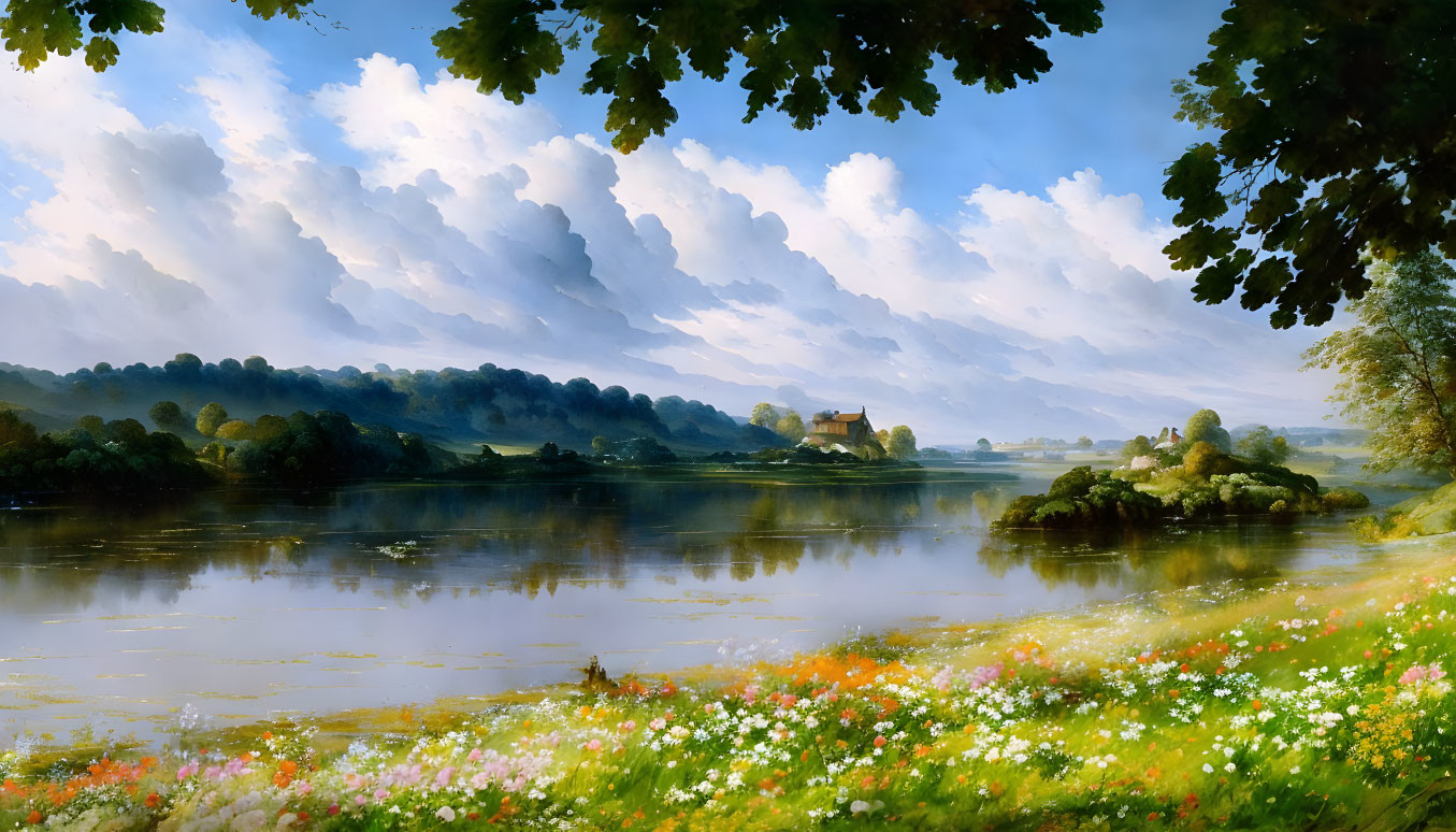 Tranquil landscape painting: river, tree reflections, distant house, blossoming flowers, clear sky