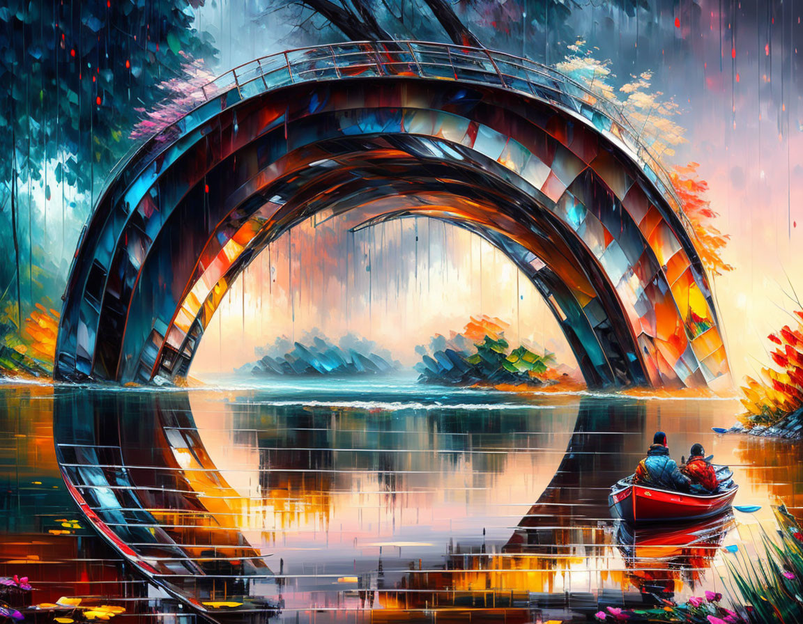 Colorful digital artwork: Two people in red boat under circular bridge, surrounded by vivid flora, with