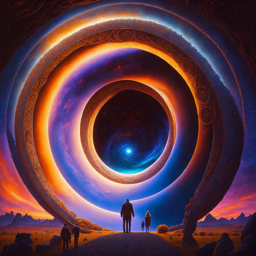 Couple in surreal cosmic vortex with concentric circles and desert landscape