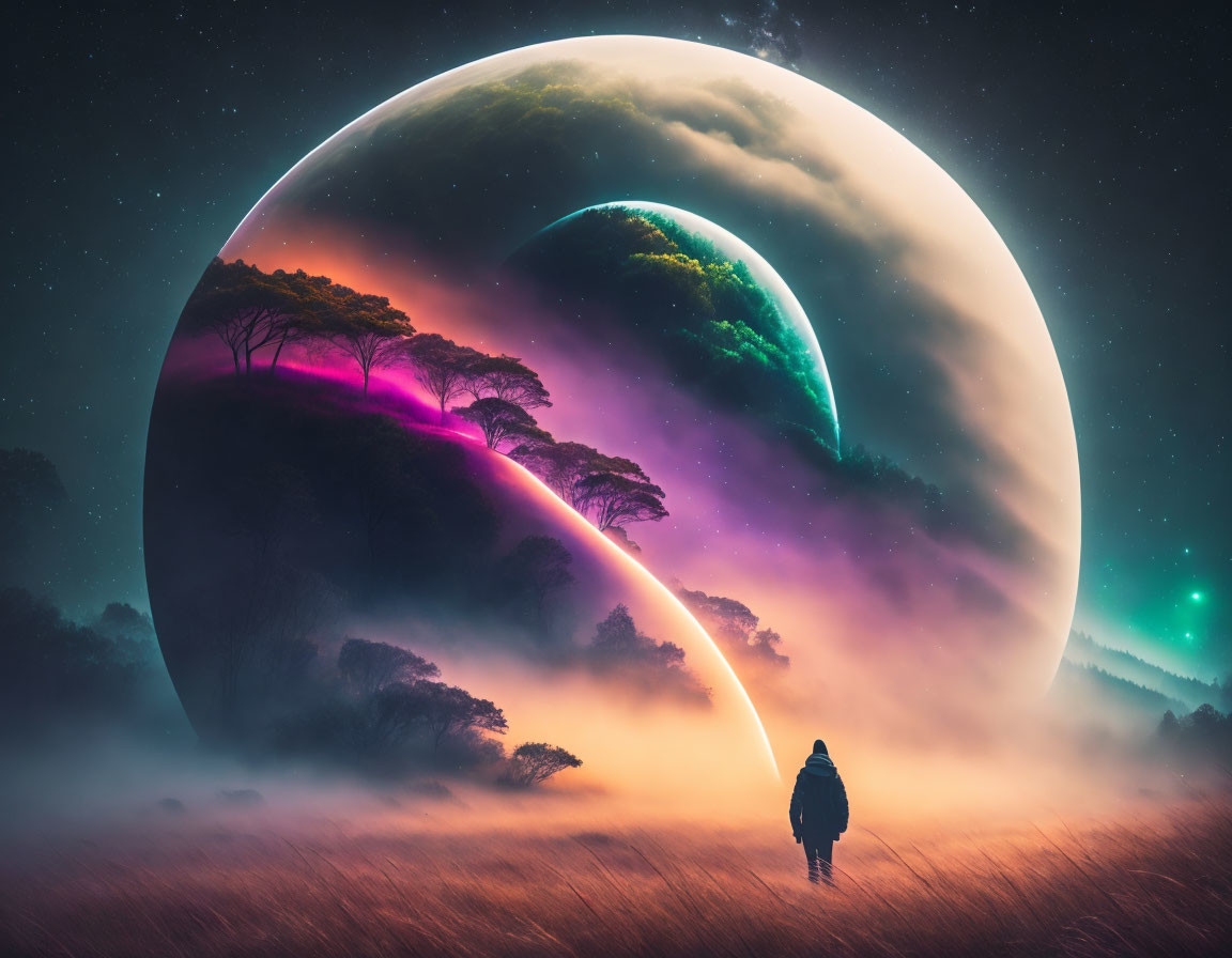 Person in misty field gazes at surreal planet with vibrant trees under starry sky.