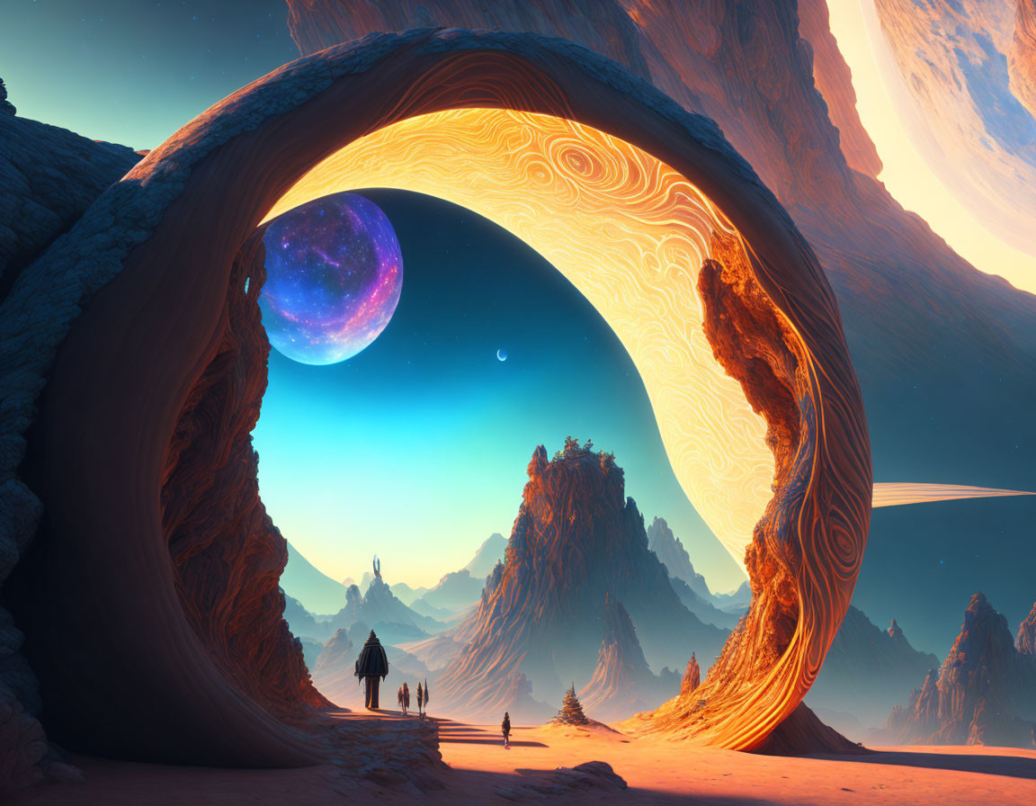Fantastical landscape with swirling arch, silhouetted figures, and vivid sky