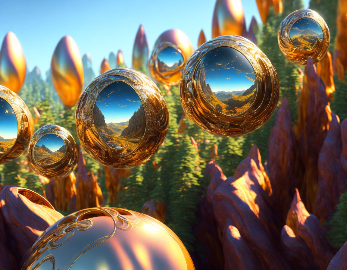 Reflective spheres above vibrant forest with intricate golden patterns
