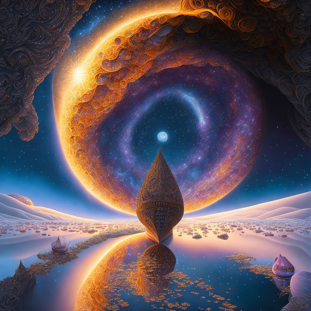 Surreal cosmic landscape with spiral galaxy, ornate boats, intricate patterns