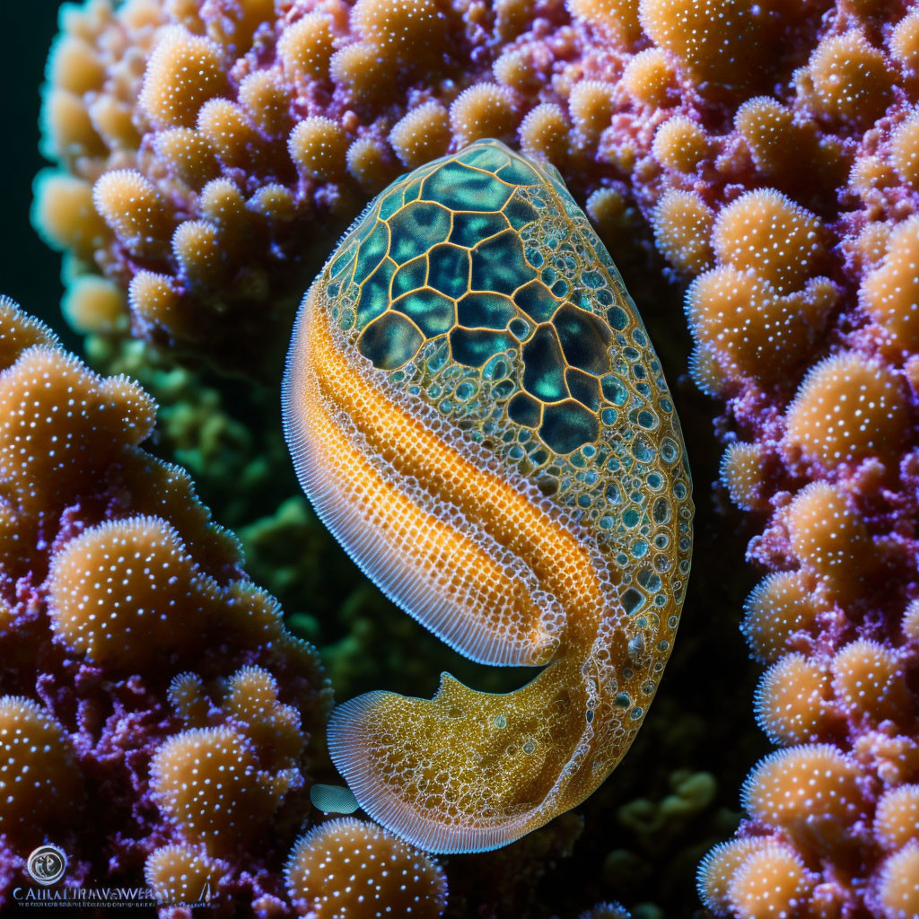 Colorful marine flatworm on coral with intricate white-lined patterns
