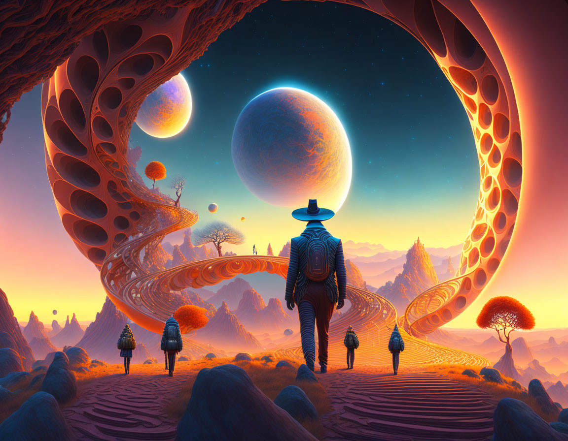 Person and figures walking towards arch in surreal, colorful alien landscape