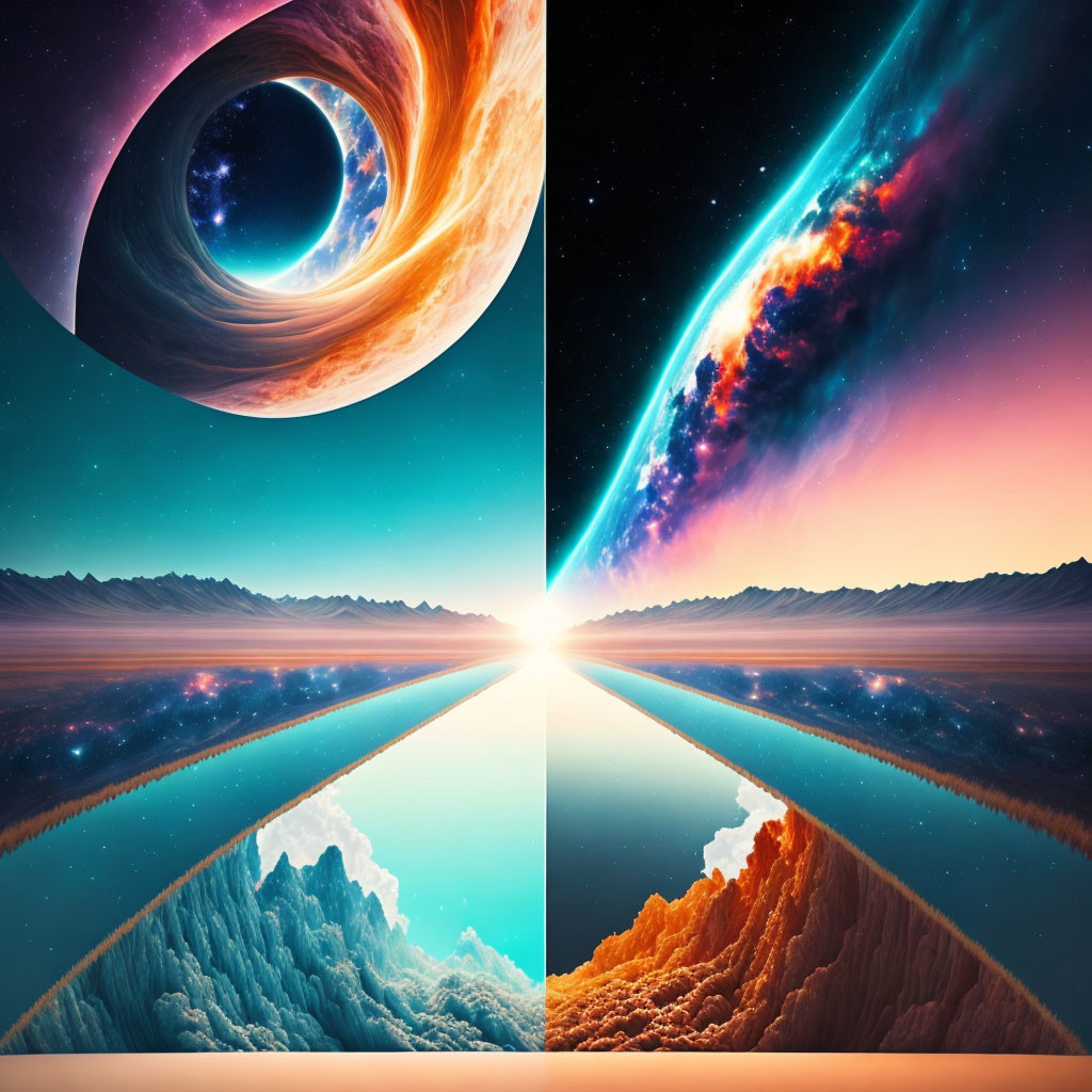 Surreal split-image: Black hole bends space, cosmic scene above mirrored landscapes