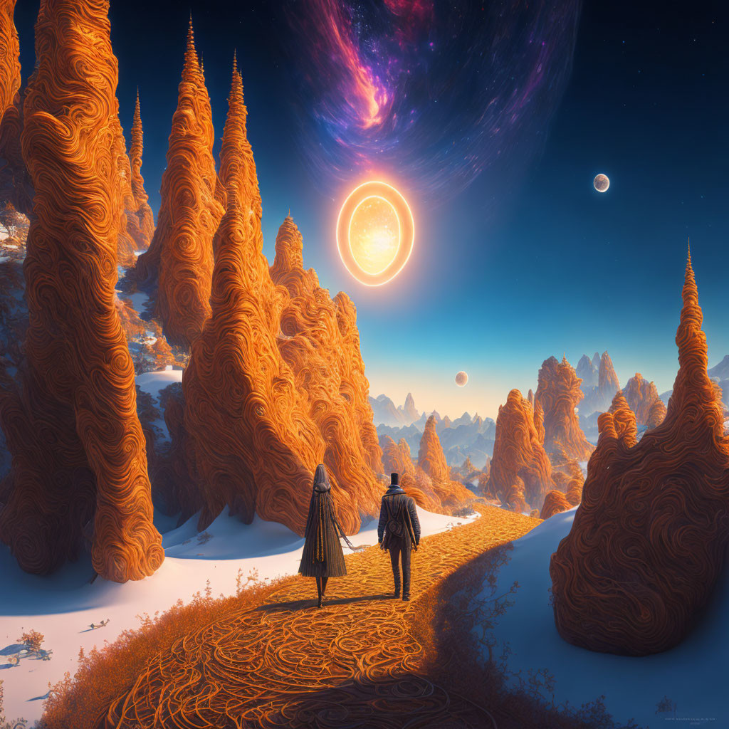 Mysterious landscape with two figures and cosmic sky