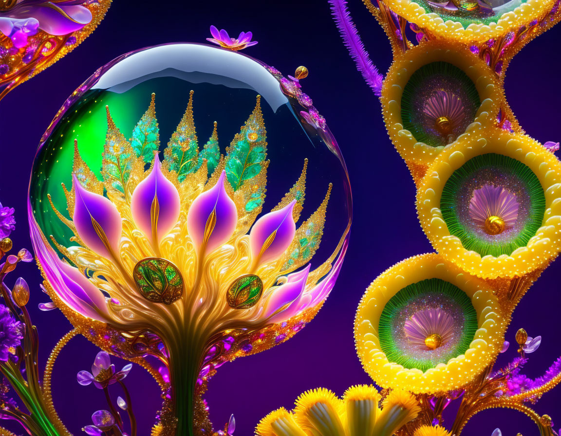 Colorful surreal artwork: Crystal ball, vibrant landscape, fractal trees on purple background