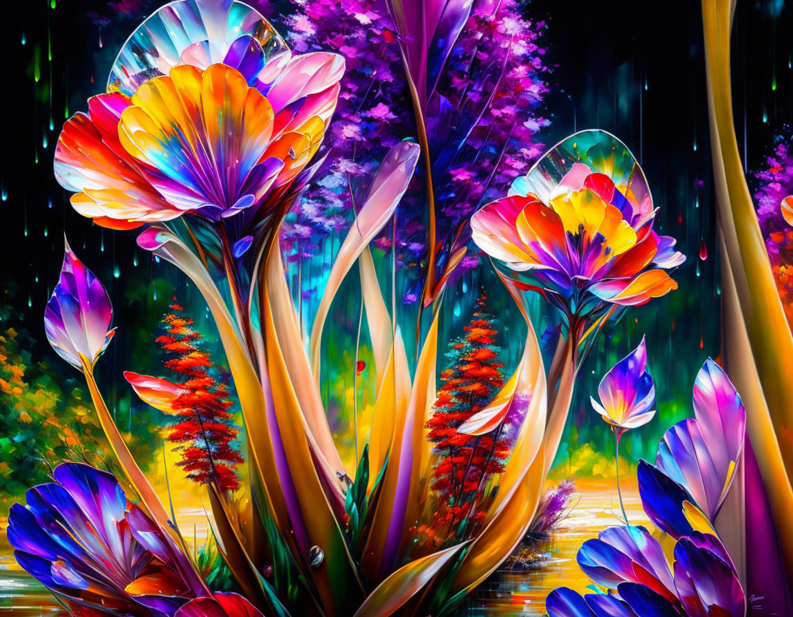 Colorful digital artwork: Whimsical flowers in glowing forest with raindrops