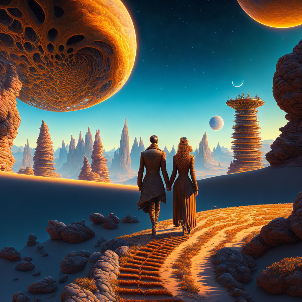 Silhouetted figures holding hands on alien planet with moons and rock formations