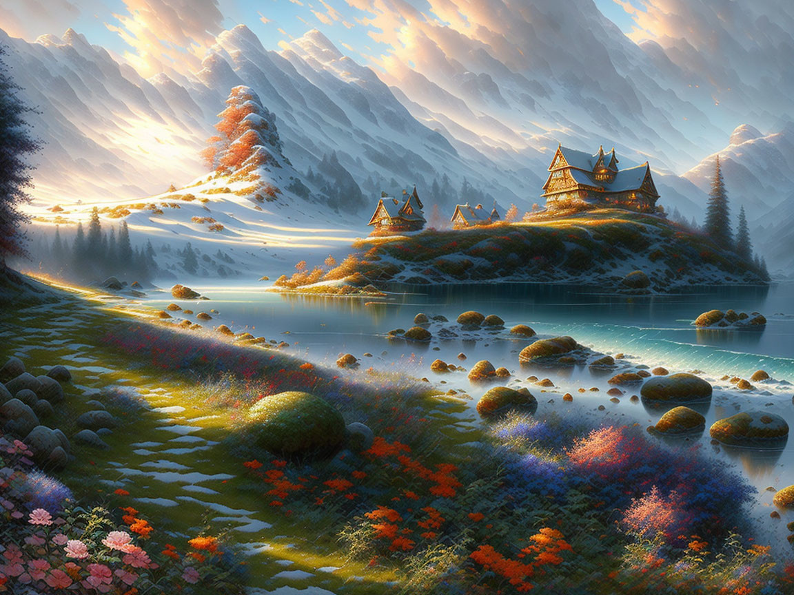 Tranquil fantasy landscape: traditional houses, lush hill, blue lake, colorful flora, snow-c