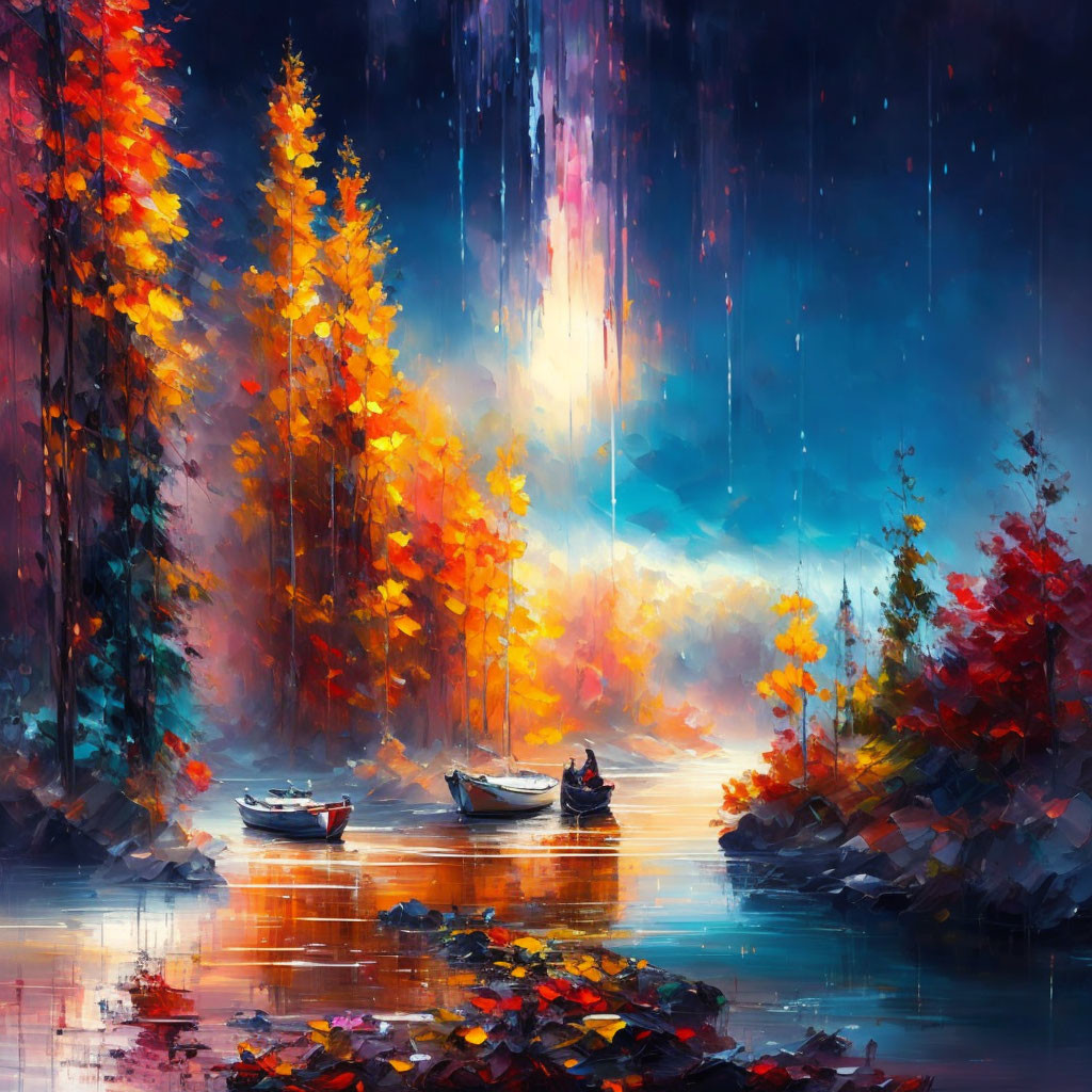 Colorful autumn trees reflected on serene lake with boats against luminous backdrop.