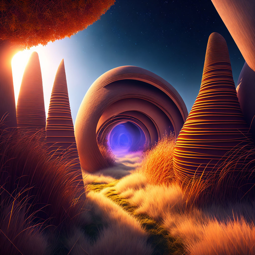 Surreal landscape with orange spiral rock formations and glowing blue portal