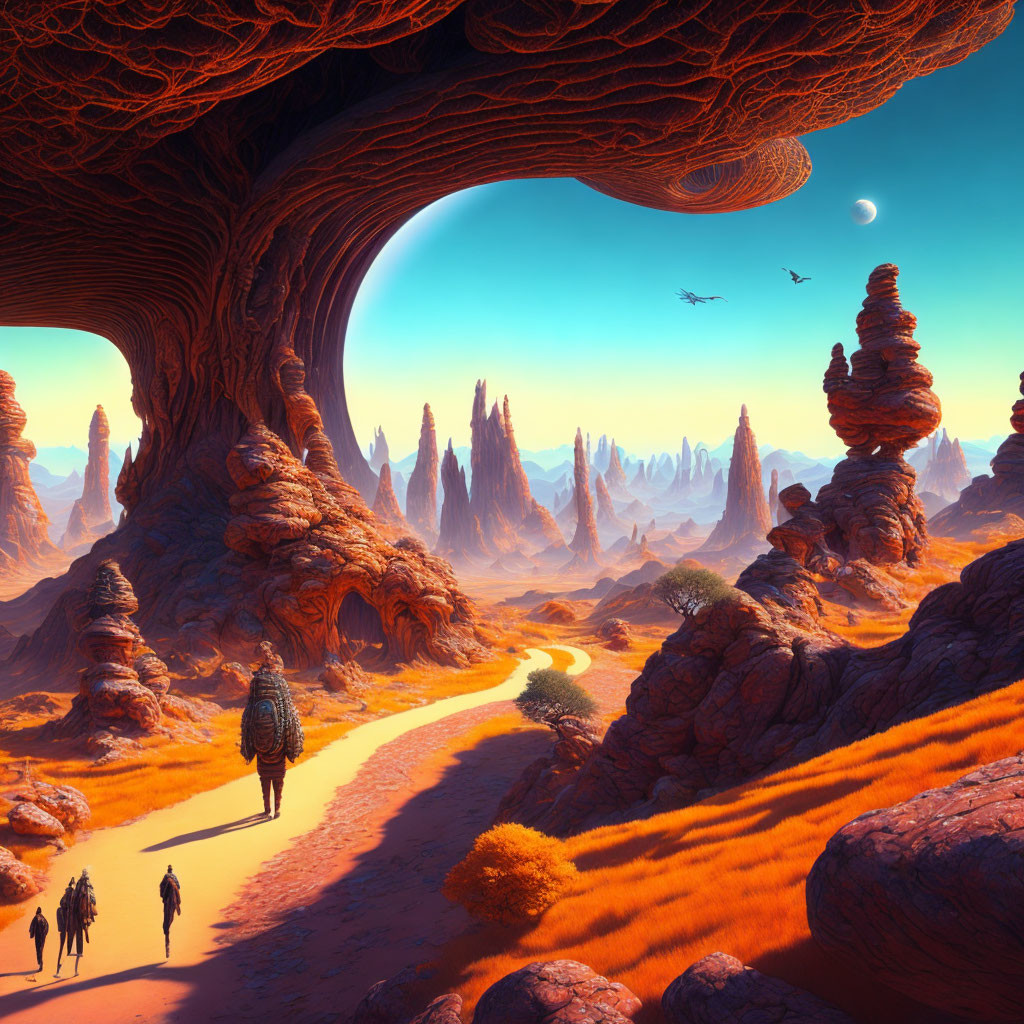 Majestic rock formations and travelers in a surreal landscape