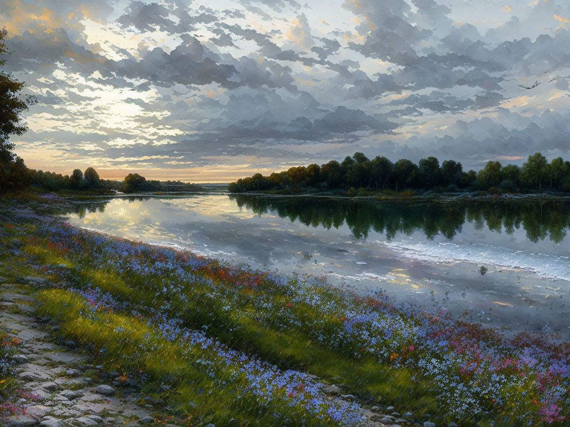 Tranquil river sunset with cloudy sky and wildflowers