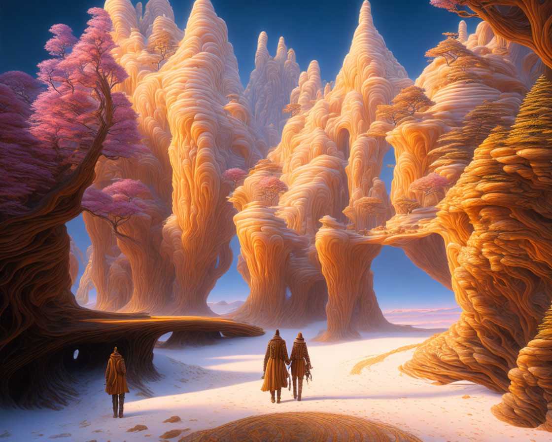 Vivid Fantasy Landscape with Orange Rocks and Pink Trees
