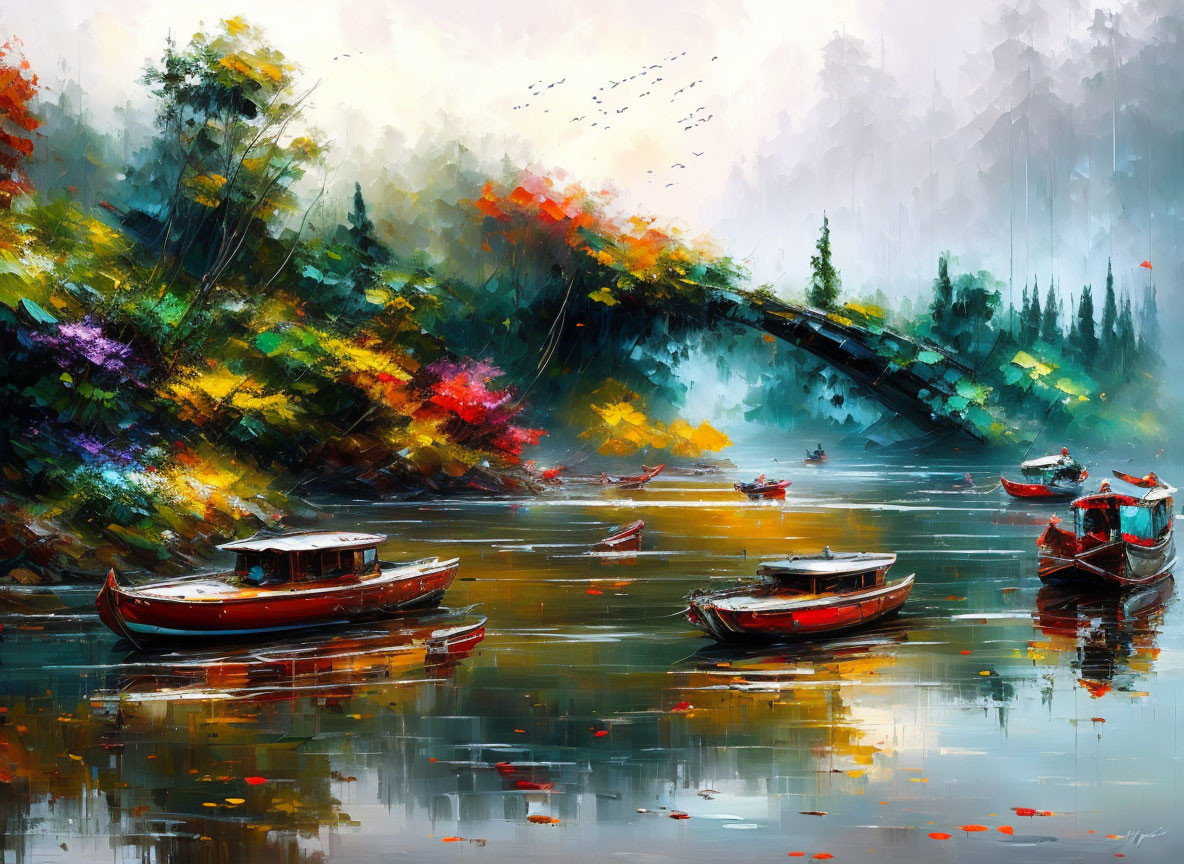 Impressionistic painting of boats on calm river with autumn trees and misty bridge.