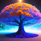 Vibrant tree with yellow foliage in mystical forest with blue and purple hues