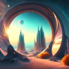 Ornate archway, towering spires, distant sun, figures, colorful sky - fantasy landscape