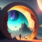 Futuristic sci-fi landscape with giant ring structure and silhouetted figures